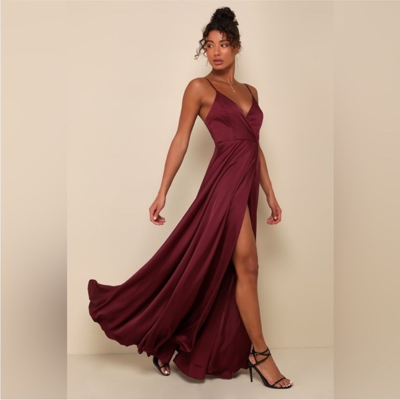 Lulus Dresses & Skirts - Lulus Ode To Love Burgundy Satin Maxi Dress Slit Formal Bridesmaid Small NWT